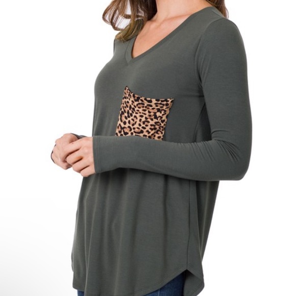 Zenana Outfitters Tops - - Long Sleeve V Neck Top With Leopard Print Pocket
